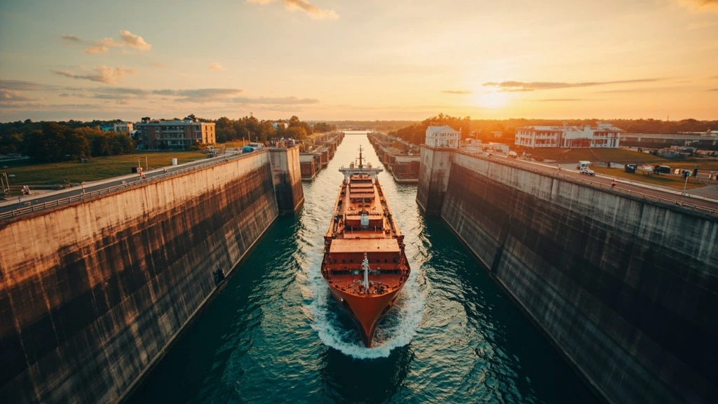 A freighter transiting the Welland Canal at golden hour