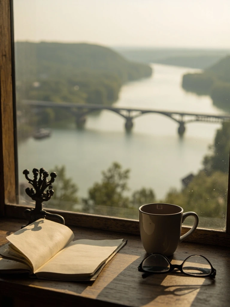 A writer's desk with notebook and tea overlooking a misty Niagara morning